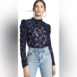 WAYF Emma Puff Sleeve lace top , Navy Blue , Size XS
